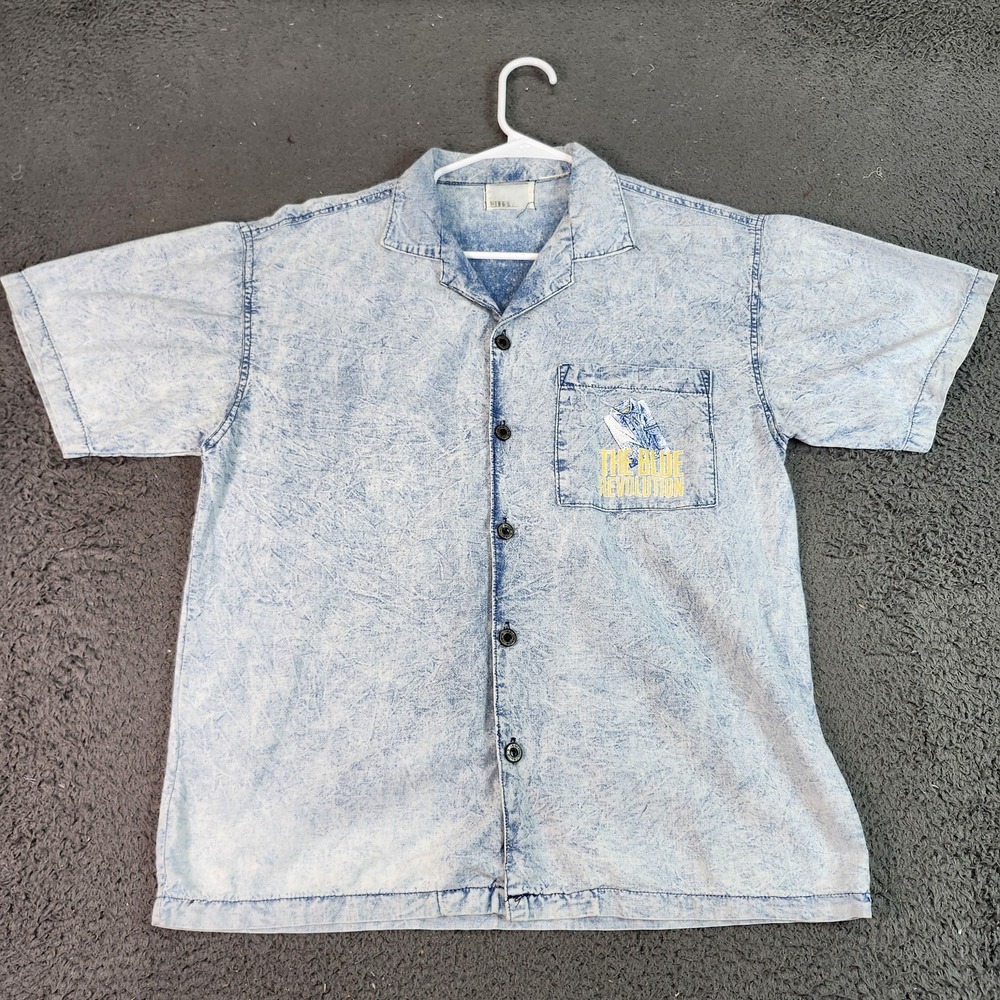 Blowout Shirt Mens XL Blue Denim Short Sleeve Button Up Blue Revolution Graphic